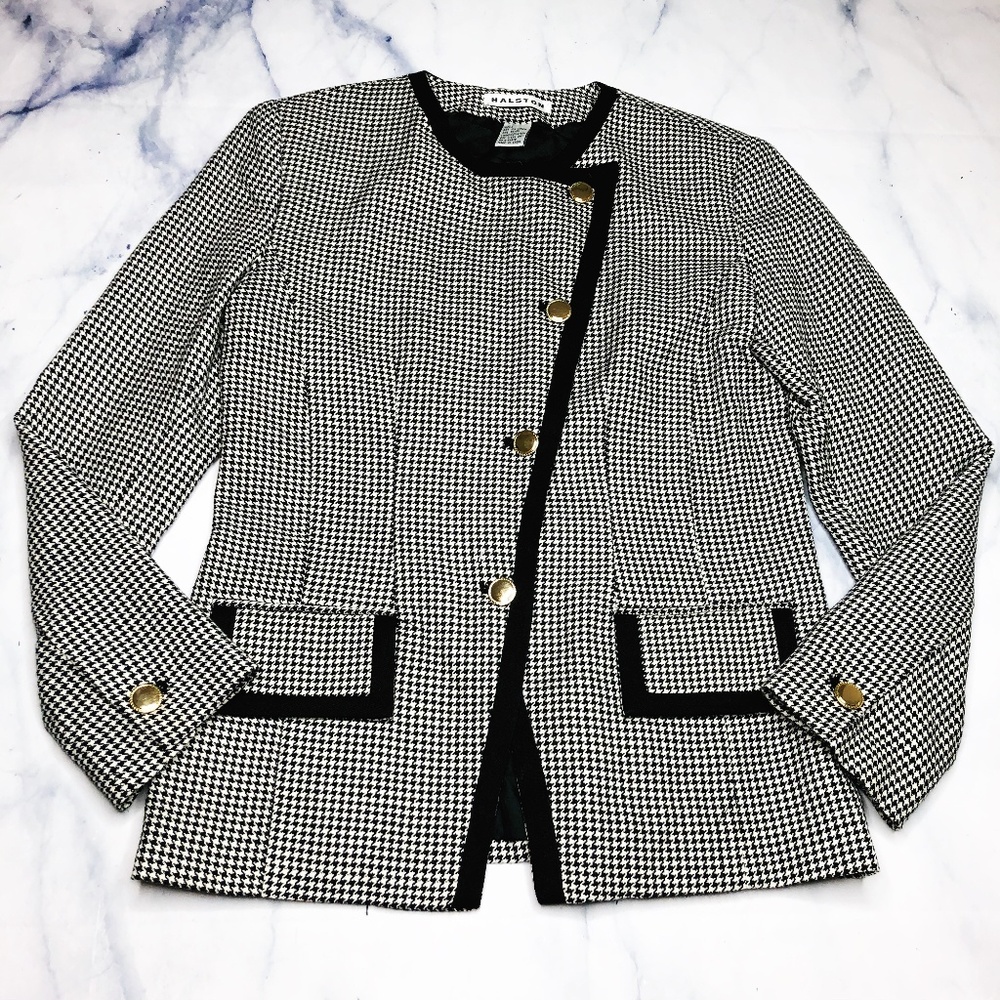 Halston Black & White Houndstooth Blazer Jacket - Picture 3 of 8